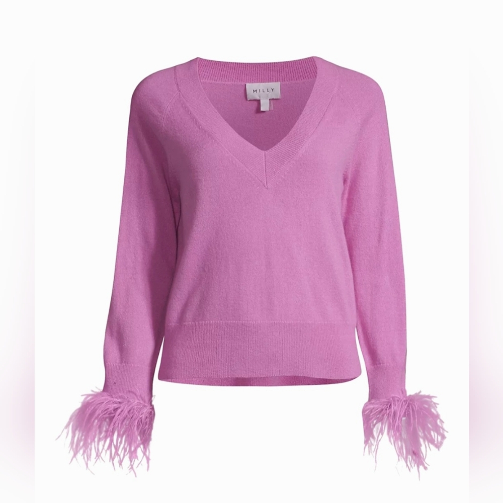 Milly Feather Cuff Wool Cashmere V-neck Sweater Size P NWT